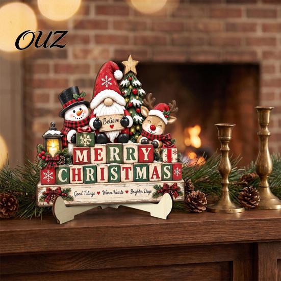 Christmas Gift for Family 2D Wooden Castle Tabletop Ornament, Santa Scene Bookshelf Decoration Winter Theme Room Decorations with Stand, Festive
