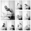 Black and White Adorable Animal In Tub Elephant Penguin Bathroom Art Wall Print Poster Canvas Painting Pictures Home Room Decor