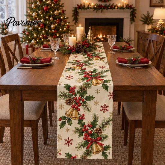 Holiday Table Linen Christmas Flower Runner, Holly Berries Dining Decor, Poinsettia Gingerbread Gift for Friends Man Festive Runner Party Decor Indoor