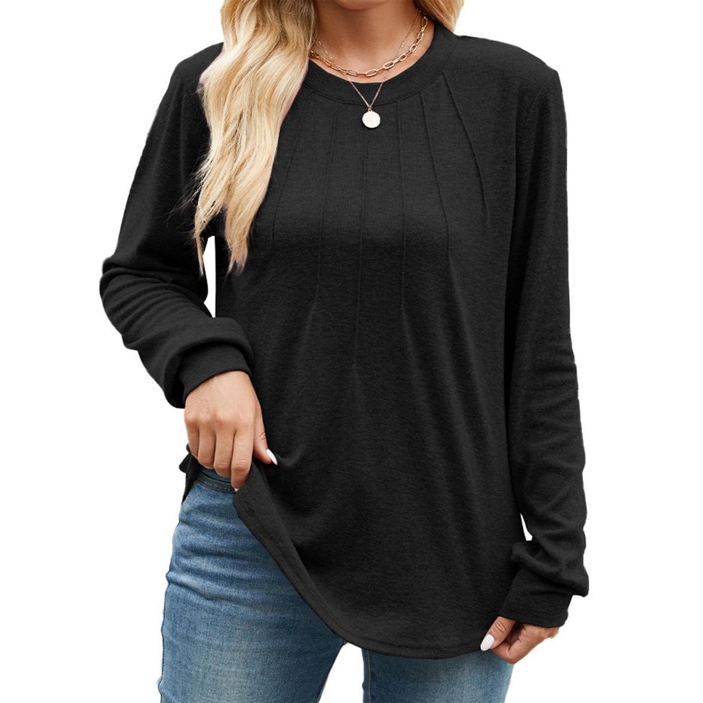 Женская мода повседневный однотонный плиссированный круглый вырез с длинным рукавом свободный пуловер топ