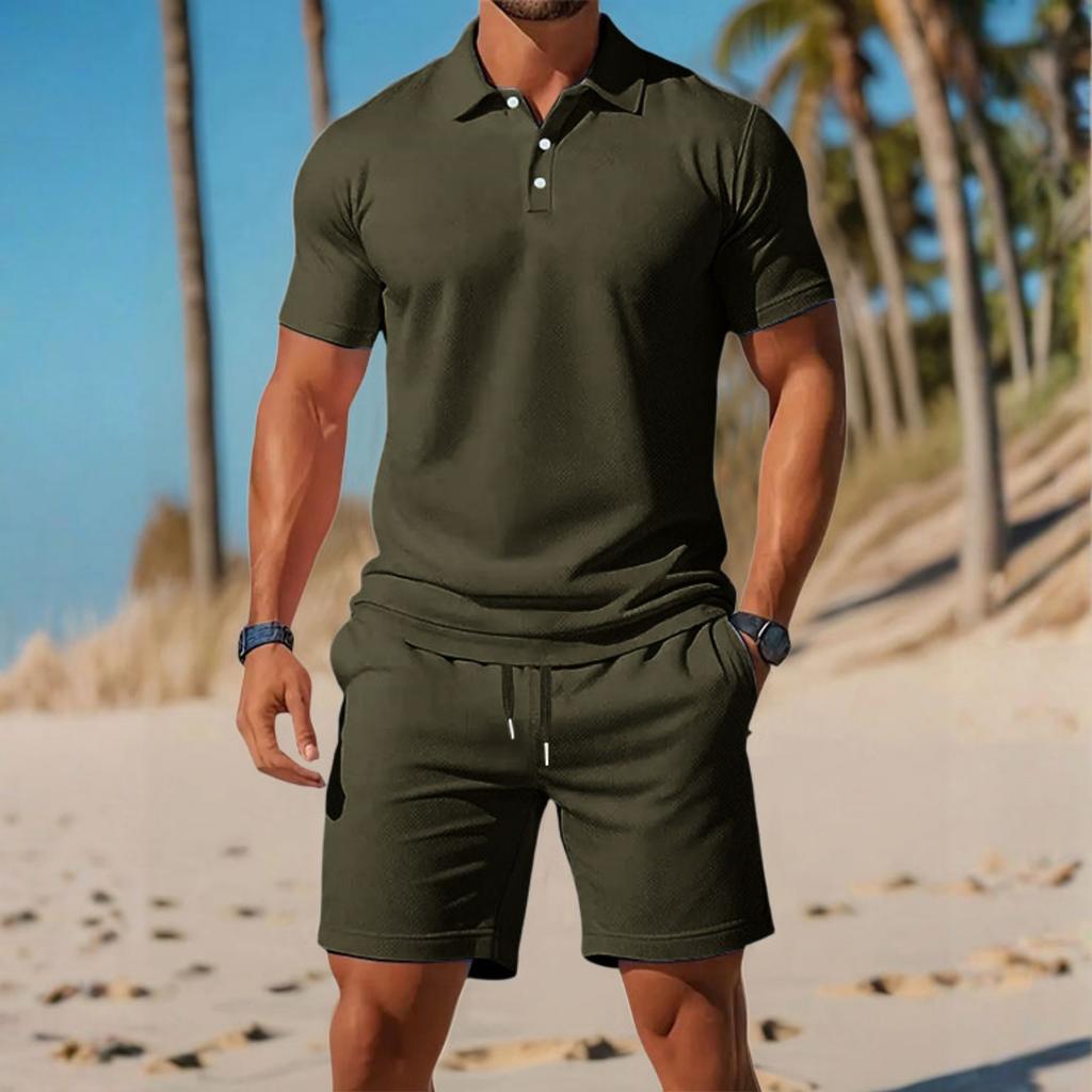Men's Casual Set  Loose And Breathable Short-sleeved Shirt And Vacation Shorts Solid Color Quick-drying Men's Two-piece Set