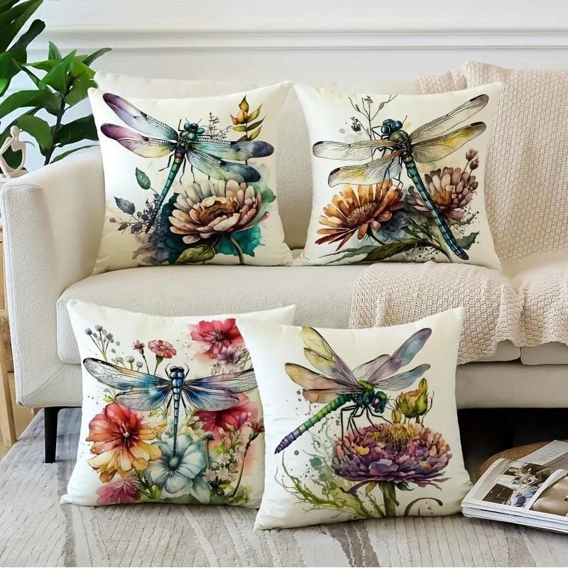 Dragonfly Floral Pattern Printing Pillowcase Living Room Sofa Chair Cushion Cover Home Bedroom Room Decoration 45x45cm