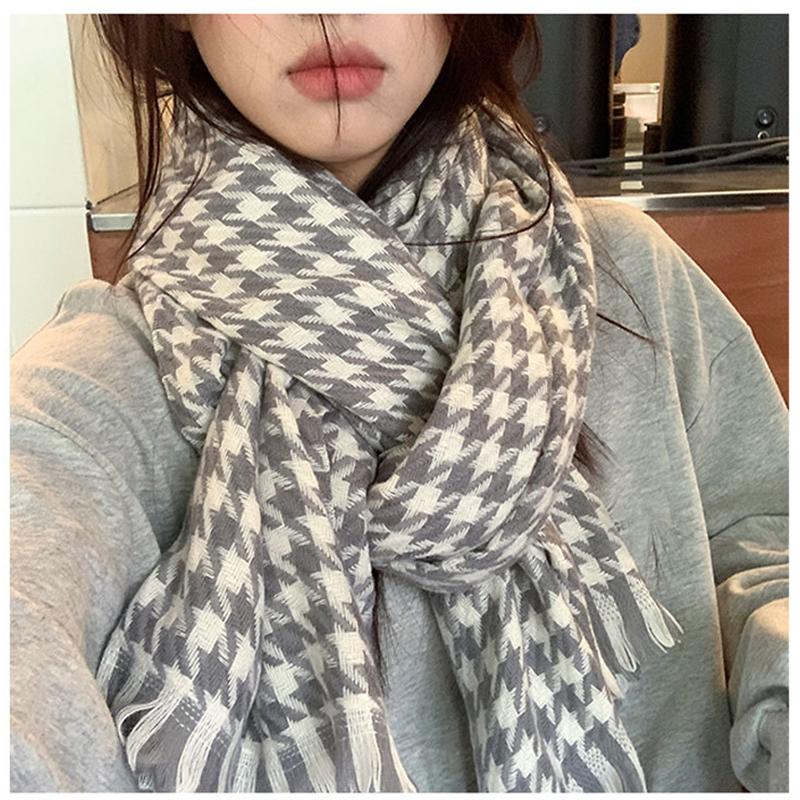 Winter Warm Couples Knitted Plaid Scarf Korean Version of The Tassel Collision Color Thousand Bird Plaid Scarf Female