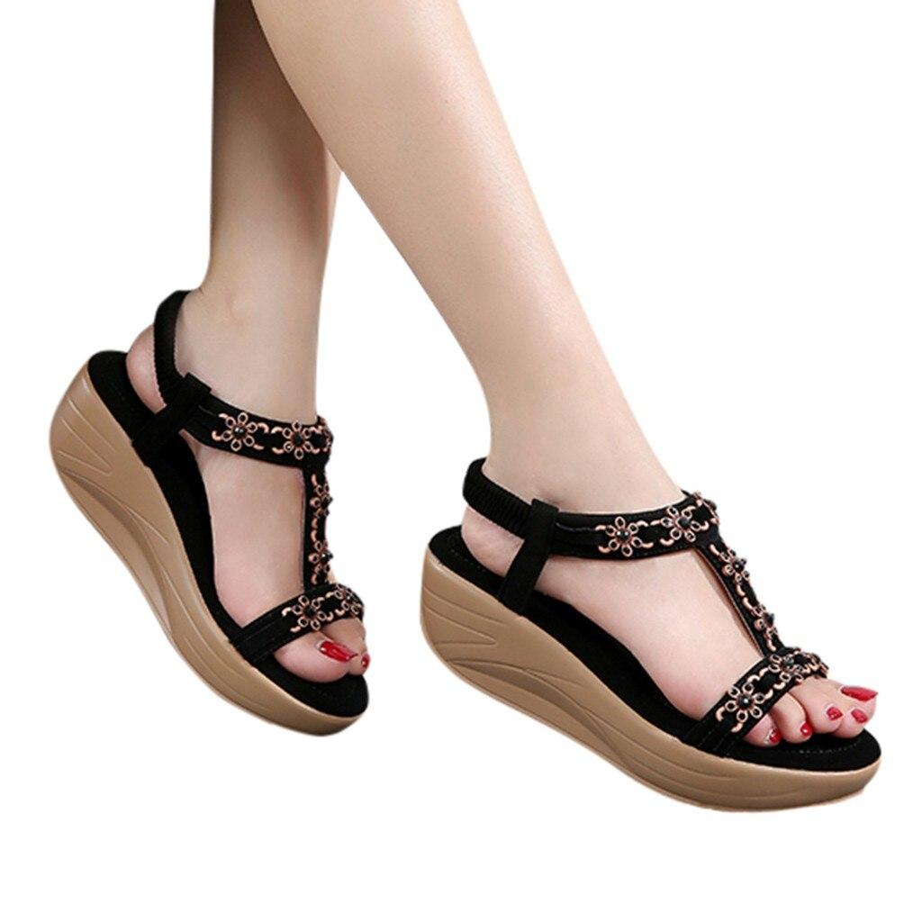 Летняя обувь на плоской подошве в богемном стиле, женские сандалии, женские сандалии на плоской подошве с блестящими цветами и кристаллами, пляжная повседневная модная обувь