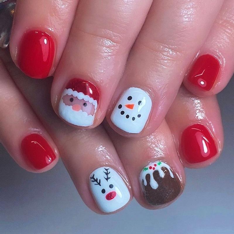 Christmas Press On Nail Snowman False Nail Santa Claus Acrylic Nail Lovely Elk Full Cover Stick on Nail for Woman