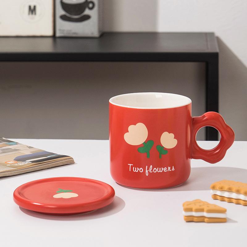Летняя керамическая чашка с цветком, милая кружка с крышкой, парная чашка для воды, женская чашка, дизайн, кофейная чашка в стиле Sense Ins