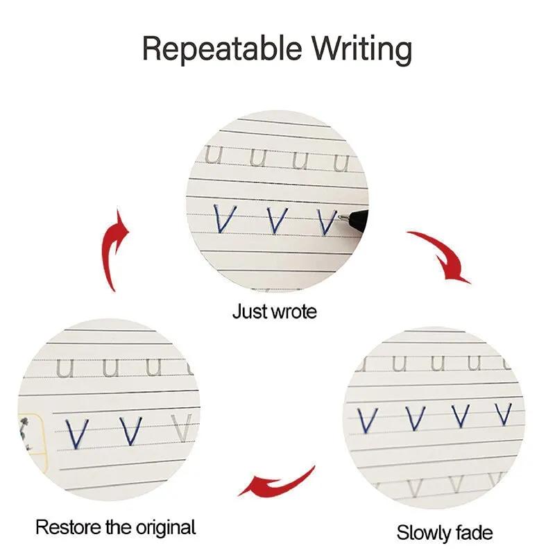 4 шт. Волшебная тетрадь для прописей на испанском, английском, французском, немецком языках с рифлеными рабочими тетрадями для детей, многоразовая практическая книга со сменным стержнем для ручки