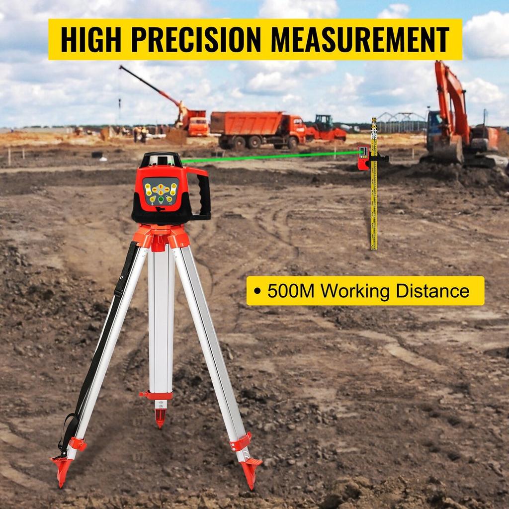 Green Rotary Laser Level Kit with Adjustable Tripod and 5M Staff, 500M Range, 360 Degree Rotary Scanning, Self-Leveling Laser Level System Kit, for