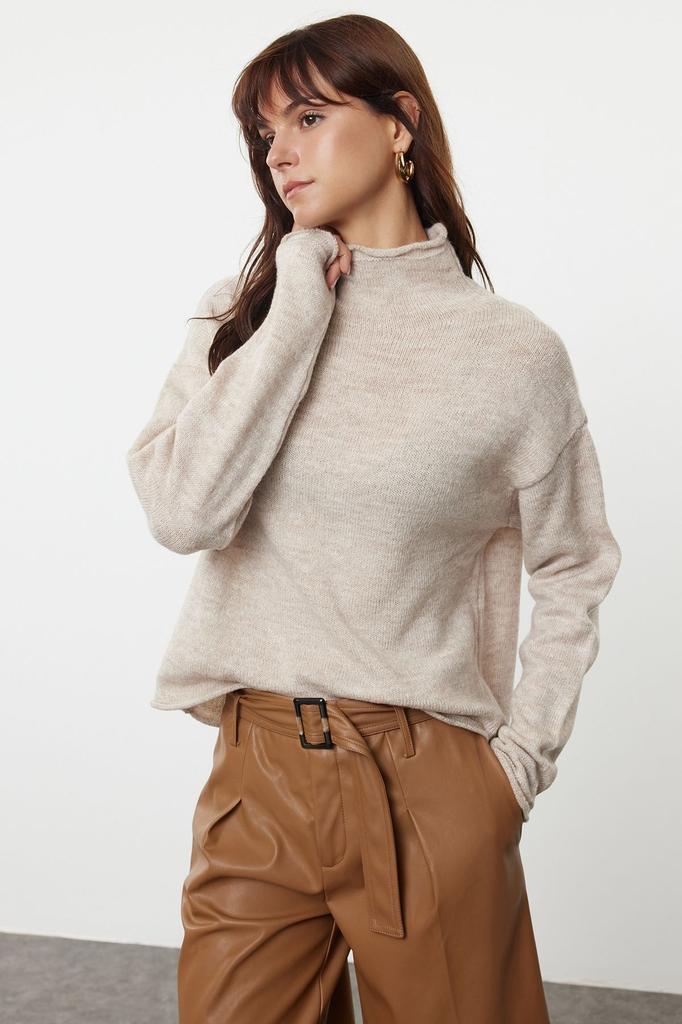Women's Fashionable Stylish Sweater Mink More Sustainable Soft Textured Wide Fit High Collar Knitwear Sweater