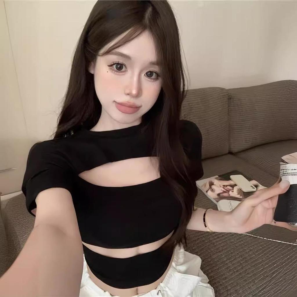 Women's Black Slim-Fit Short-Sleeved Hollow Sexy T-Shirt