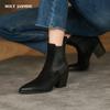 Western Ankle Boots Cowboy Women Booties Fashion Pointed Toe Shoes Female Thick Heels Cuban Leather Shoes Ladies Autumn Winter