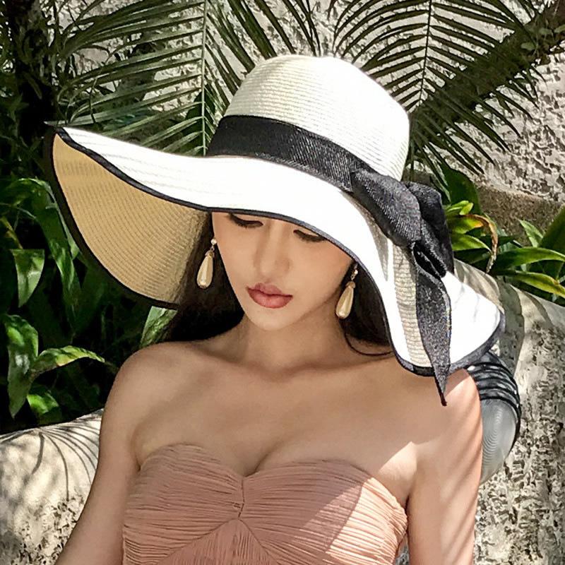 Seaside Resort Straw Hat Women's Big Brim Sun Protection Hat Foldable Bow Beach Hat UV Protection Hat Versatile Versatile
