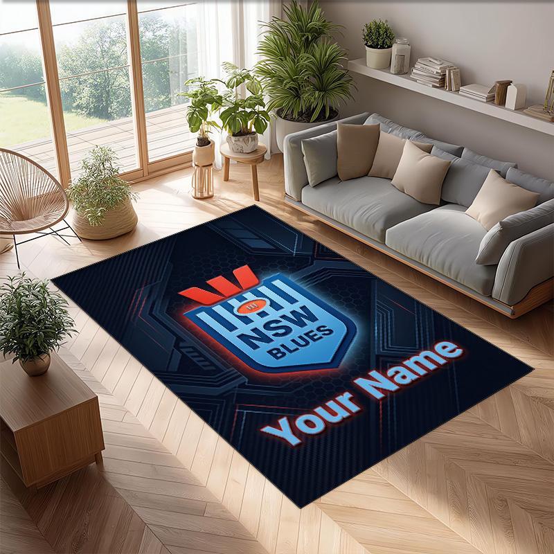 NSW Blues logo Crystal Velvet Rug, Custom Name Text Personalized Non‑Slip Floor Mat for Home Decor Gift