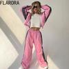 FLARORA Модные комплекты из 2 предметов с цветными блоками для женщин, куртки свободного кроя на молнии с длинным рукавом и брюки прямого кроя, уличные спортивные костюмы