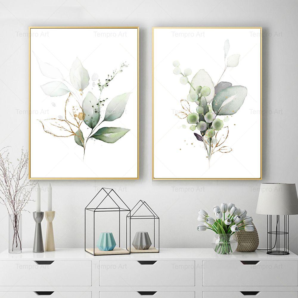Абстрактная картина с золотым листом и цветком, настенная живопись на холсте, акварель, зеленое золото, ботанический постер с принтом, изображение в скандинавском стиле, домашний декор, подарок