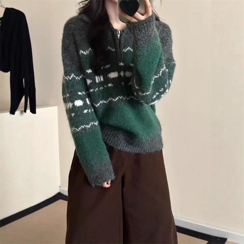 2026 Autumn/Winter Women's French Fair Isle Half-Zip Loose Knit Sweater