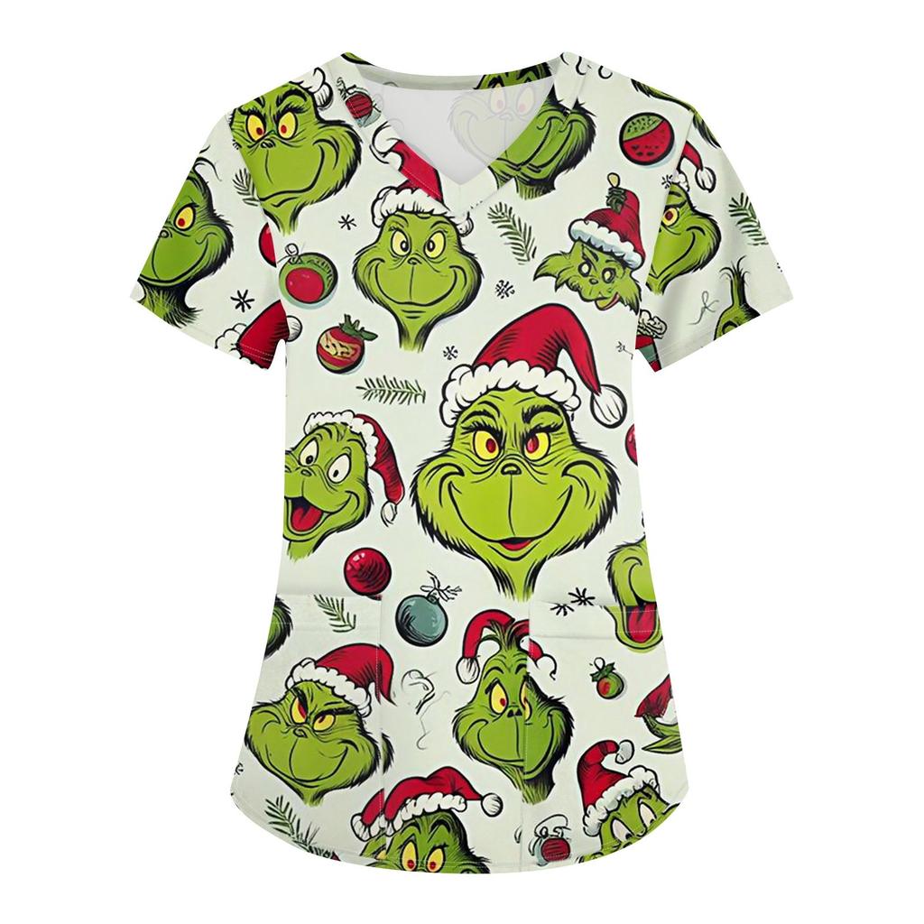 Women's Christmas Printing Uniform Work Uniform V-Neck Pocket Protective Work Uniform