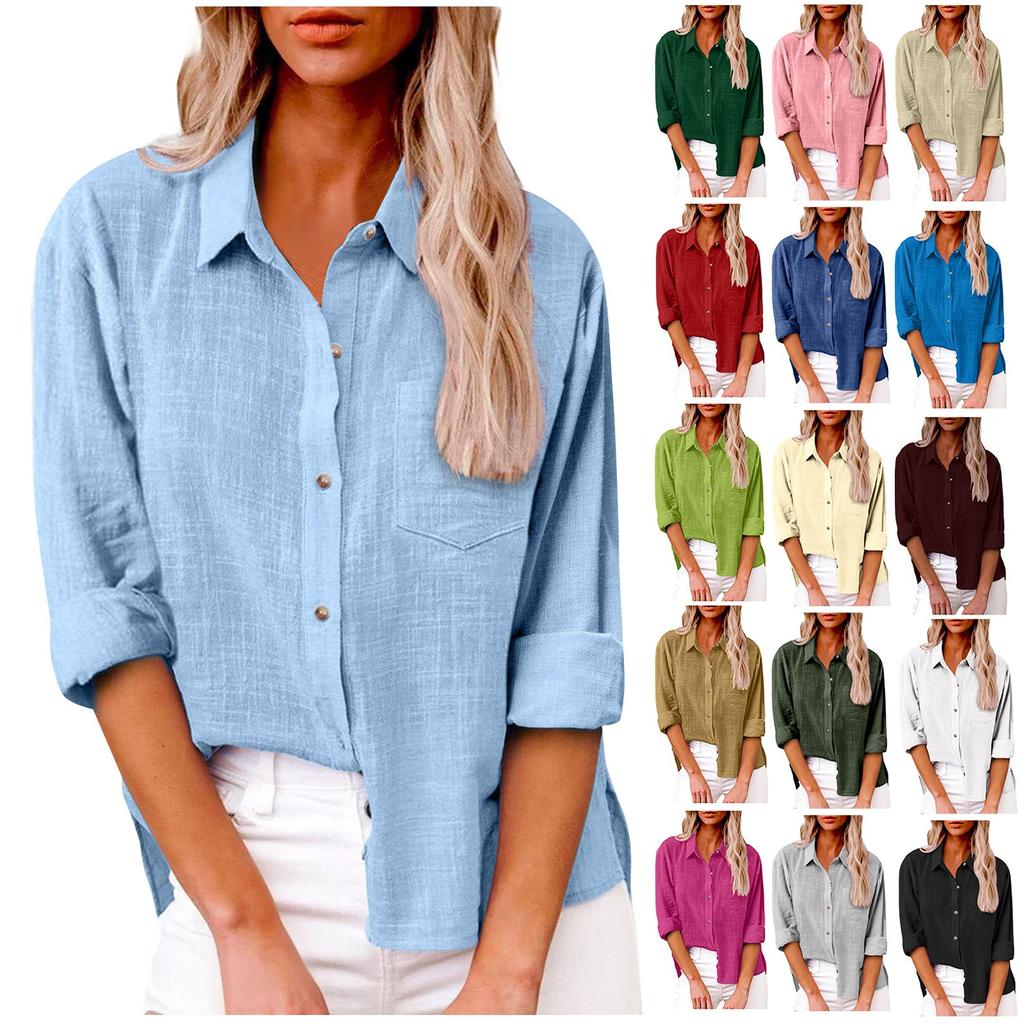 Women's Autumn Long Sleeve Button Solid Color Loose Shirt Casual Large Size Shirt