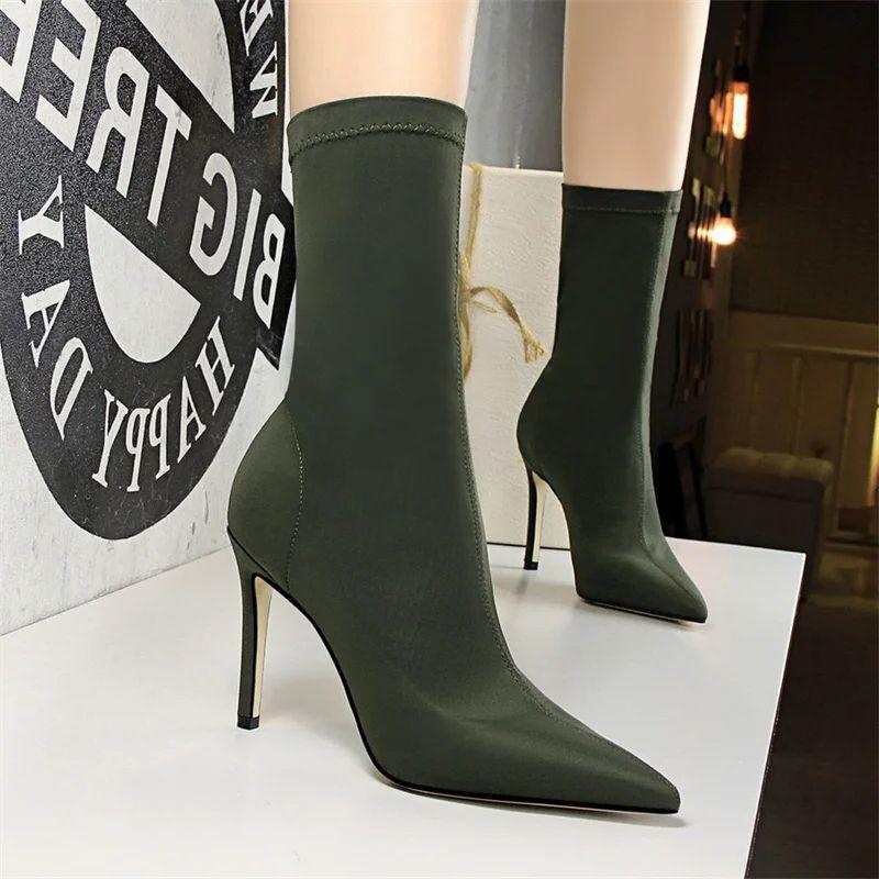 Женская мода простые ботильоны с острым носком эластичные осенние удобные элегантные носки на шпильках тонкие туфли на высоком каблуке