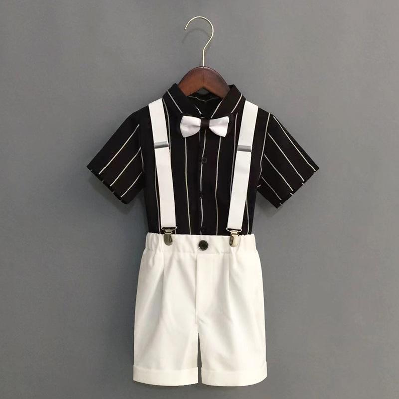 Summer Boys Strap Dress Suit Set New Children's Kindergarten Performance Piano Host Costume Kids Shirts Shorts Bowtie Clothing