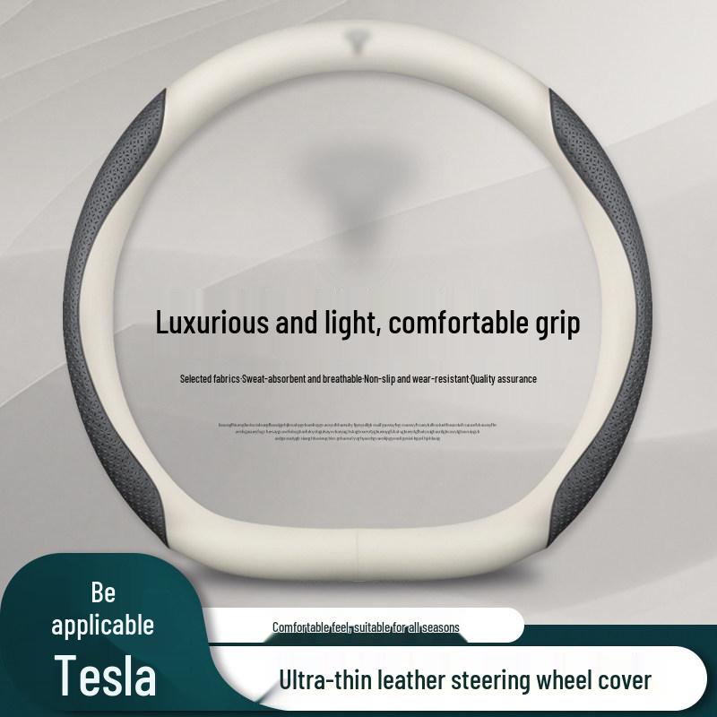 Genuine Leather Steering Wheel Cover for Tesla Model 3, Model Y, Model X - Universal Fit for All Seasons
