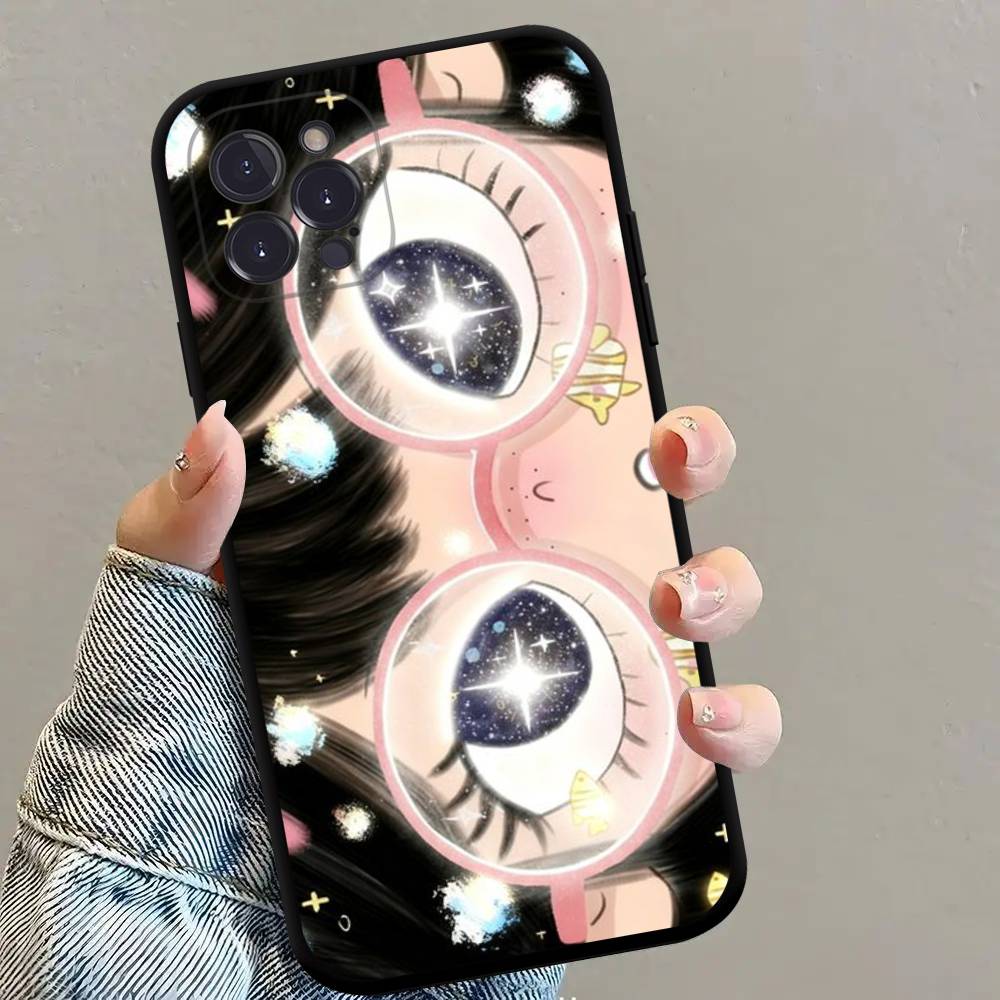 Кавайная Милая Черная Большие Глаза Крутая Чехол для Телефона Для iPhone 17 16 15 14 13 12 11 Pro Max Plus Mini Мягкий Силикон Черный Ударопрочный ТПУ