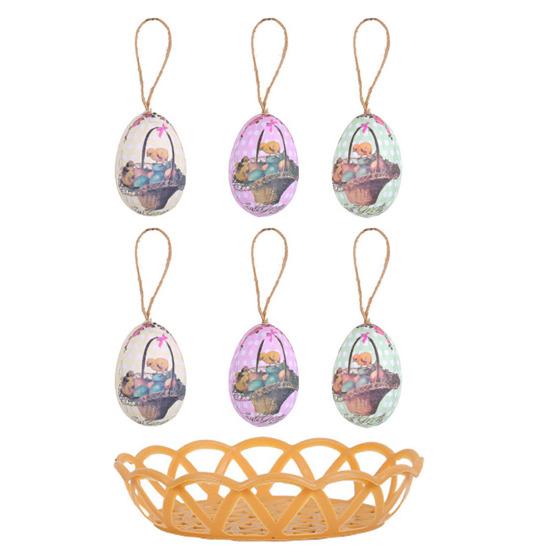 7Pcs/Set Colorful Bunny Painted Plastic Easter Eggs with Basket Hanging Pendant DIY Easter Egg Crafts Home Easter Party Supplies