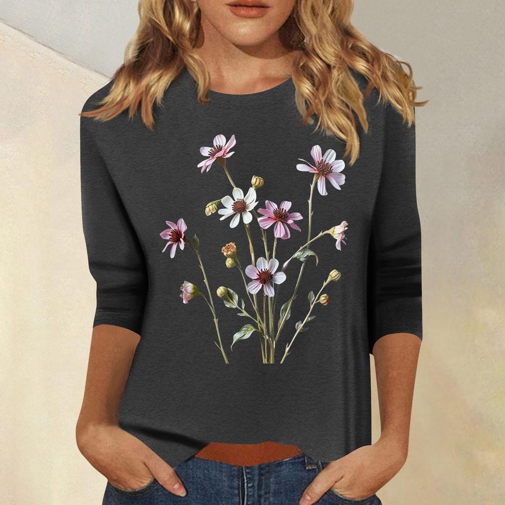 Women's Fashion Casual Printed Seven Sleeve Round Neck Top