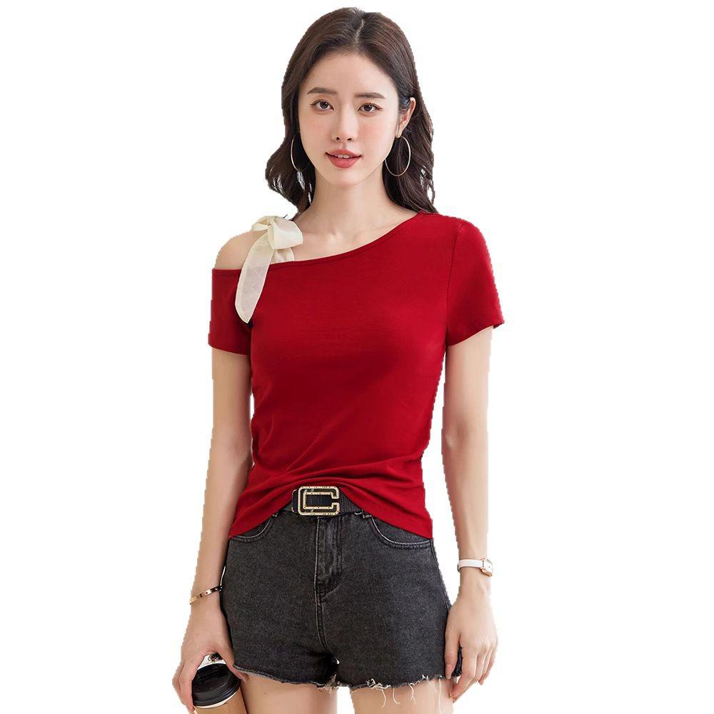 2025 Sexy Korean Off-the-Shoulder Slimming T-Shirt - Women's Cotton Short Sleeve Top