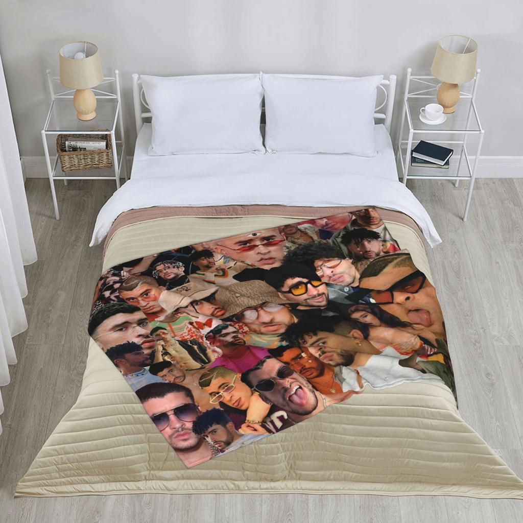 Bad Bunny Collage Puerto Rico Blankets Flannel Print  Breathable Lightweight Throw Blankets for Bed Outdoor Bedspread