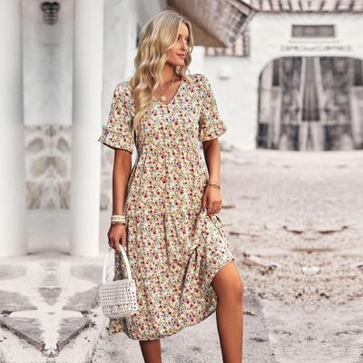 Женские летние летние платья с V-образным вырезом и высокой талией с коротким рукавом и цветочным принтом