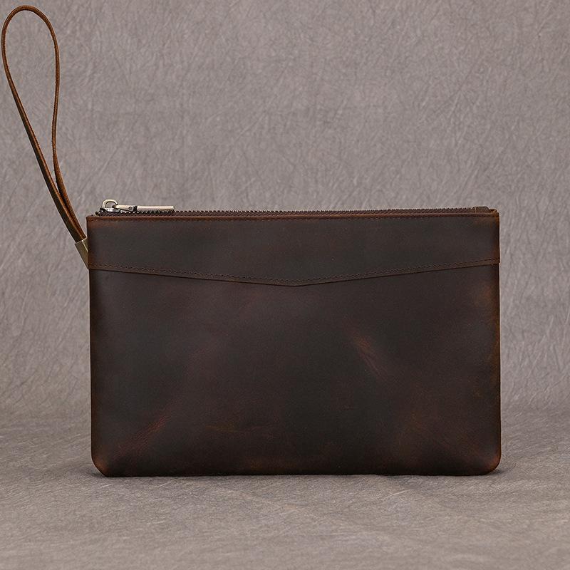 Men'S Leather Clutch Bag, Genuine Leather, Large Capacity, Long Wallet, Retro Business Cowhide Clutch Bag, Wrist Strap.