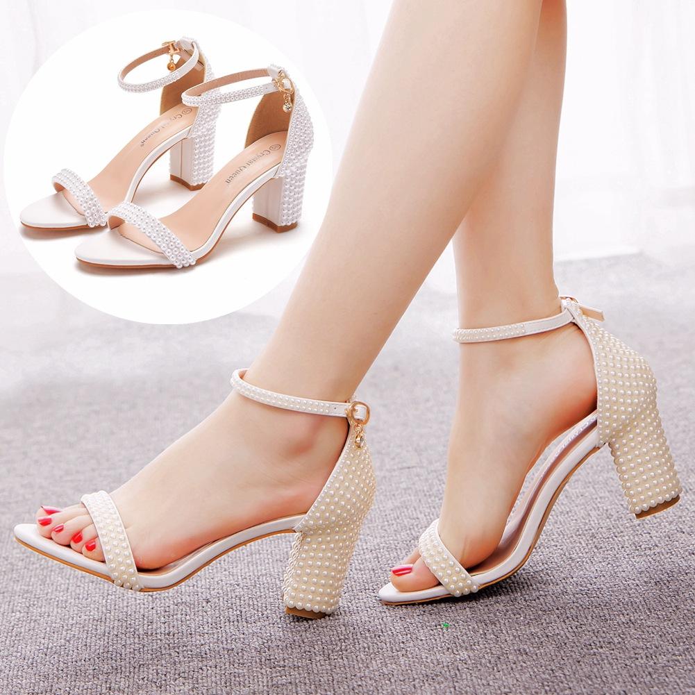 7cm Thick Heel Shallow Mouth One-strip Sandals Round Toe Square Root Thick Heel Sandals White Pearl Sandals Bridal Wedding Shoes