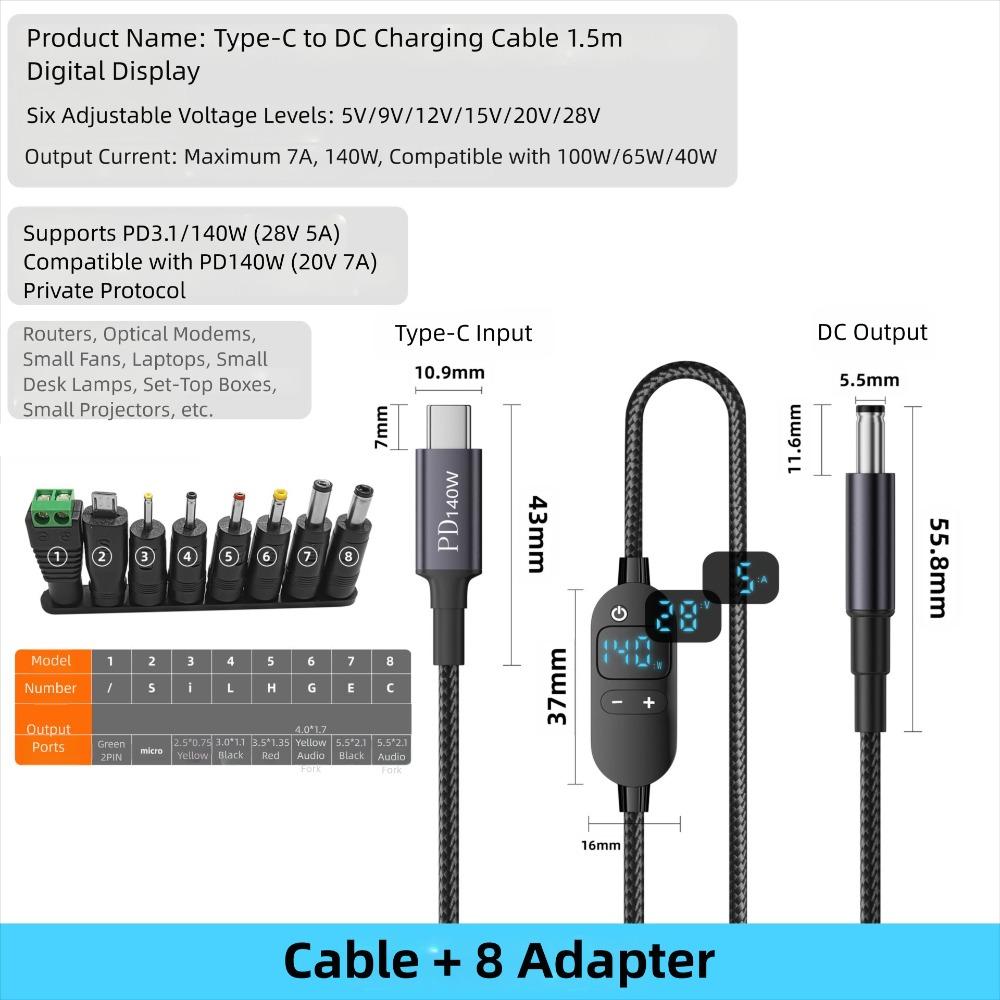 Digital Display Type-C to DC Power Cord 5V/9V/12V/15V/20V Boost Cable  Laptop Camera