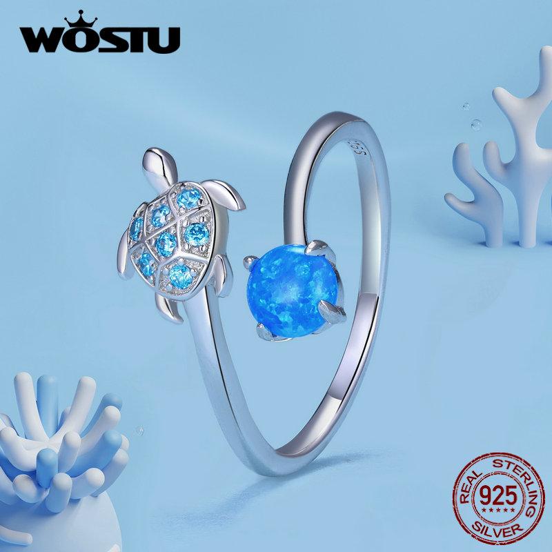 WOSTU Настоящее кольцо из стерлингового серебра 925 пробы с синей черепахой, огненным опалом, открывающееся кольцо для женщин, штабелируемое кольцо с изображением океанских животных, вечерние ювелирные изделия, подарок