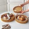 Storage Tray Round Rattan Woven Tray Fruit Breakfast Tea Storage Basket Desktop Sundries Organizer Bread Plates With Wood Handle