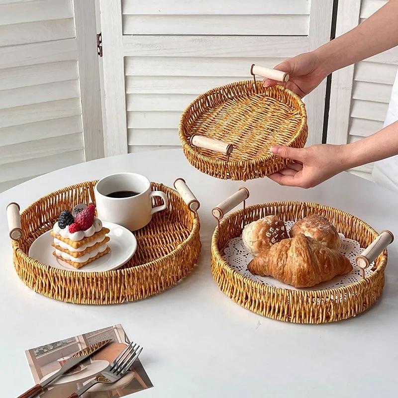 Storage Tray Round Rattan Woven Tray Fruit Breakfast Tea Storage Basket Desktop Sundries Organizer Bread Plates With Wood Handle