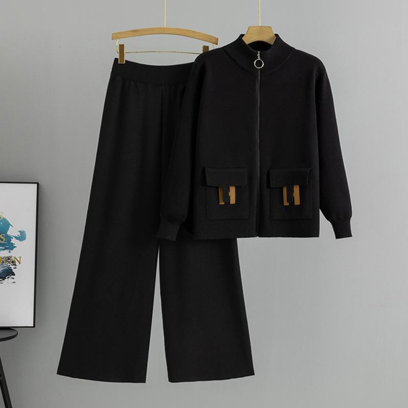 Французский костюм на молнии Женская одежда 2025 Осень и зима Новинка Вязаный кардиган Широкие брюки Двойка Модный