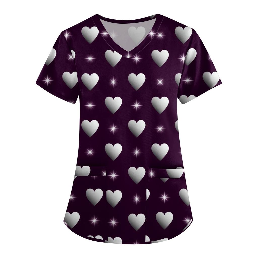 Женская симпатичная принтованная рабочая одежда с V-образным вырезом, двухслойными карманами, базовым коротким рукавом, пуловером ко Дню святого Валентина