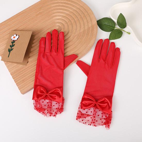 1 пара женских перчаток для выпускного вечера, прозрачное кружево, декор в виде банта, ажурная сетка