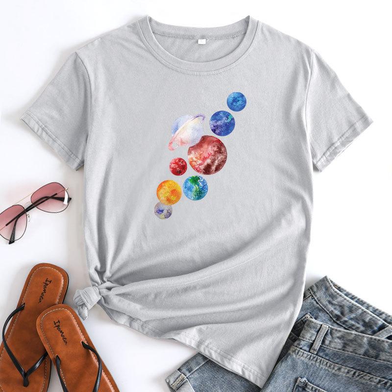 Летние женские футболки больших размеров с принтом планеты из чистого хлопка свободного покроя с круглым вырезом и короткими рукавами для женщин