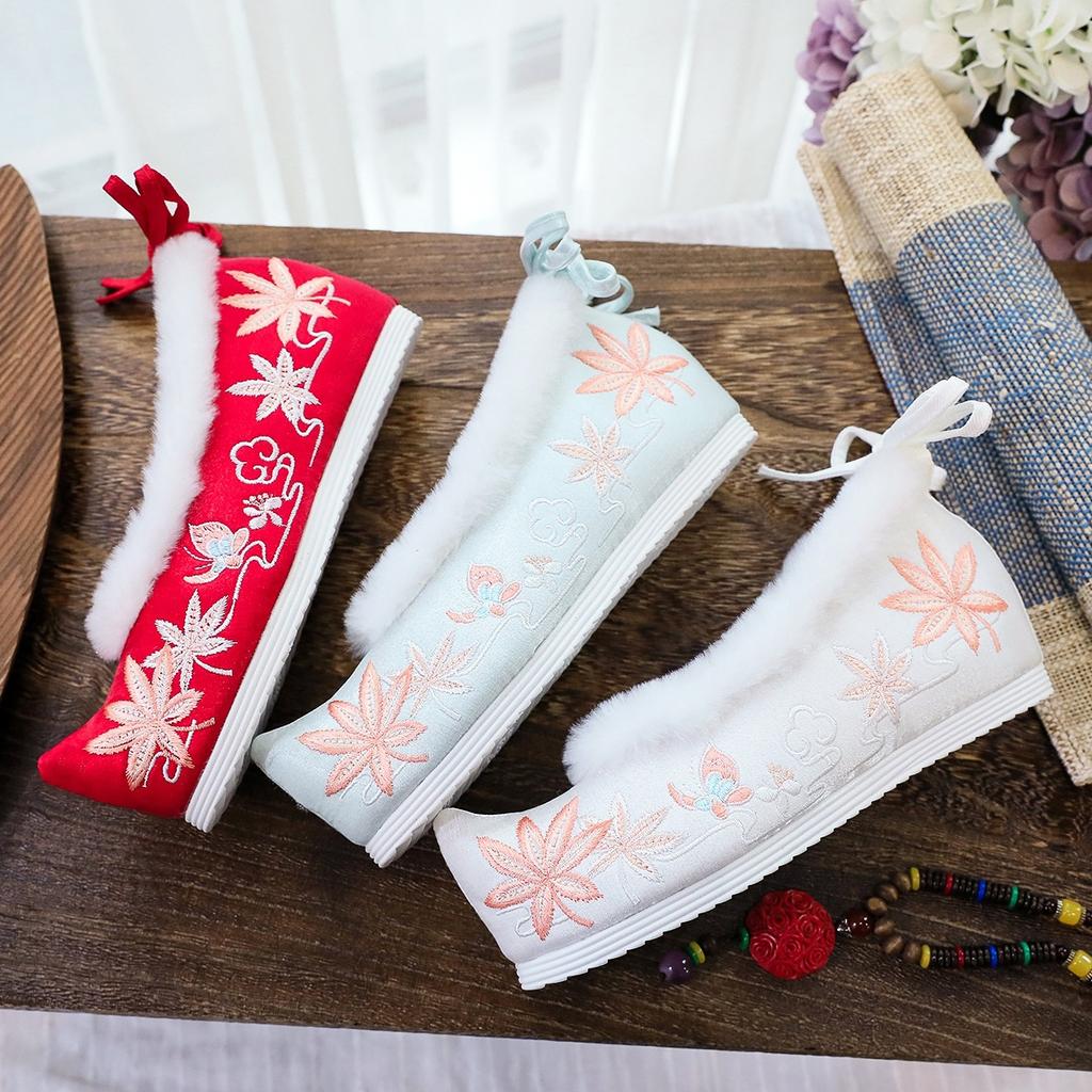 Плавающие и бархатные зимние новые теплые туфли Ханфу, антикварные вышитые туфли, хлопковые туфли, внутренняя высота увеличена, туфли с бантом на мыске, туфли с мыском