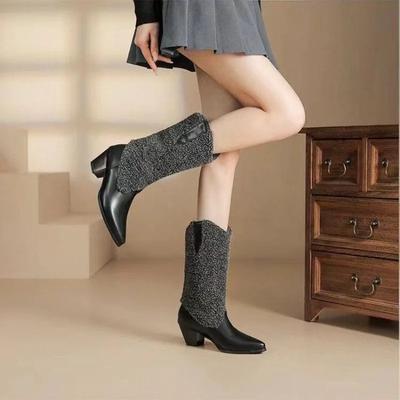 2024 Осень и зима Новые женские сапоги в корейском стиле Модные сапоги с острым носком на среднем каблуке Короткие плюшевые сапоги