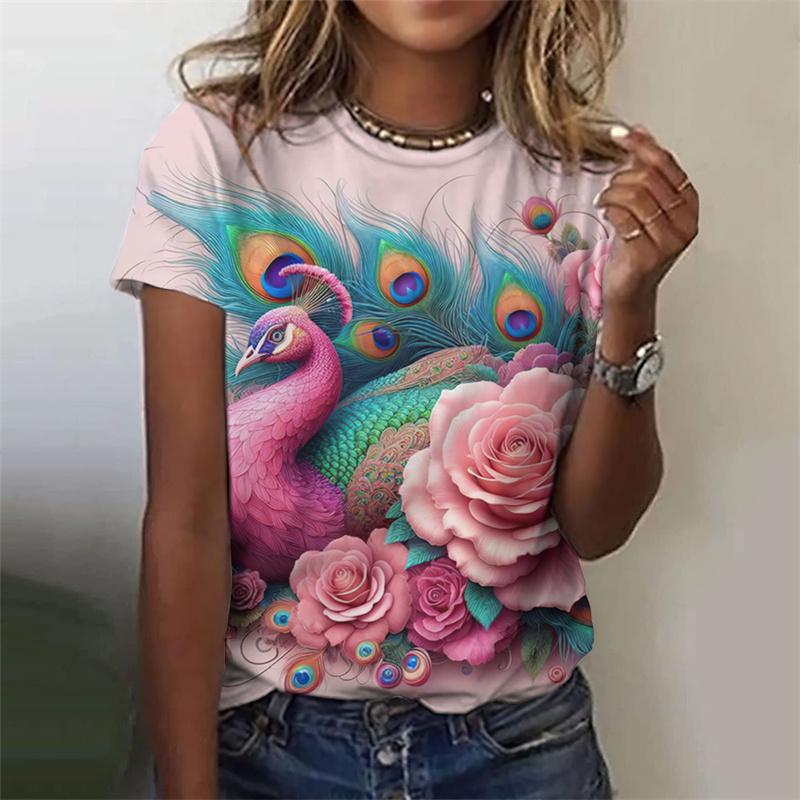 Красивая футболка с узором павлина для женщин, цветочные футболки с 3D-принтом, модные свободные футболки с короткими рукавами и круглым вырезом