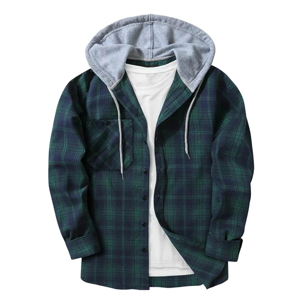 Men's Plaid Shirt Hooded Button Sweatshirt Men's Casual Fashion Sweatshirt