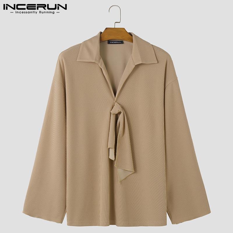 INCERUN Men Spring Long Sleeve Bow Tie Knitted Tops Lapel Loose Pullovers