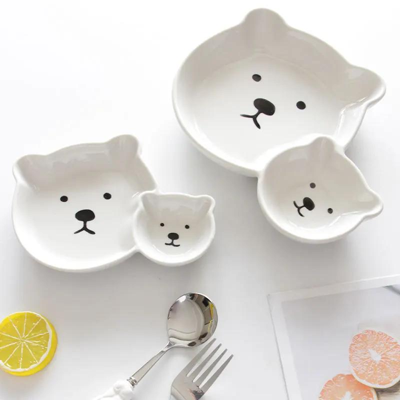 Белая керамическая тарелка для соуса Цзяоцзы, белая керамическая тарелка с медведем, поднос для хранения в виде мультяшного животного, бытовая посуда