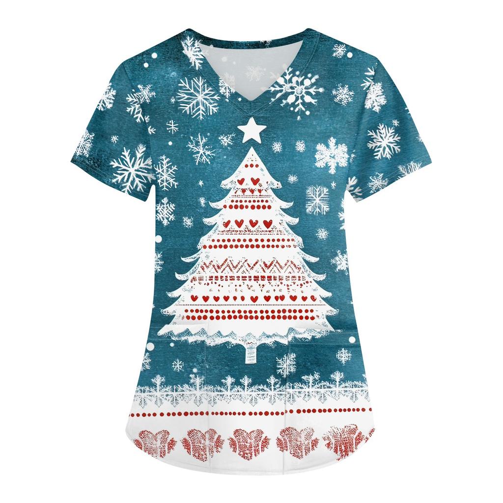 Женская мода с v-образным вырезом, короткими рукавами и карманами, топы с рождественским принтом