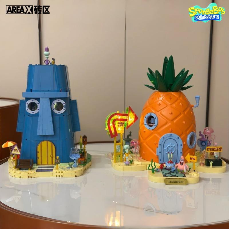 Areax Spongebob Squarepants Series Crab Burger King Restaurant Pineapple House Building Blocks Toy Collection Model Gift