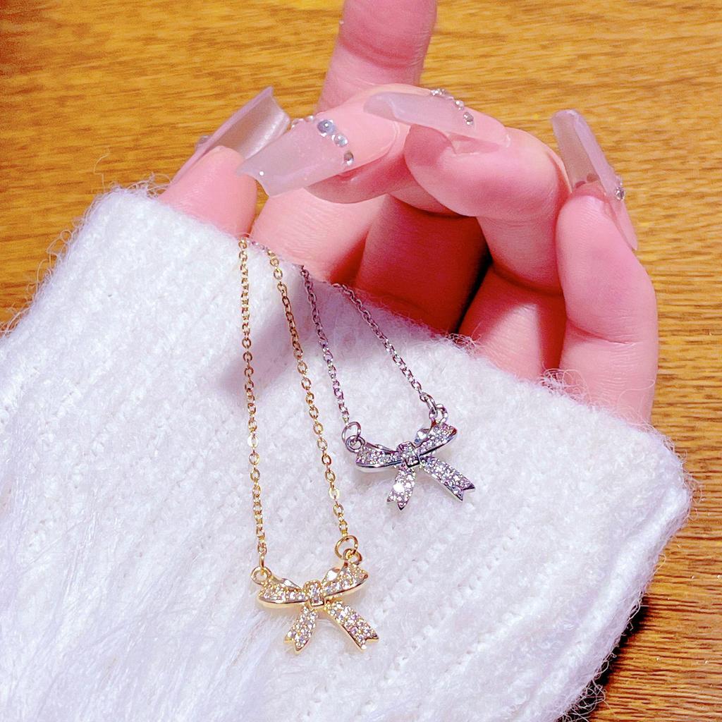 Exquisite Women's Light Luxury Micro-Paved Bow Necklace - Sweet Clavicle Chain Choker